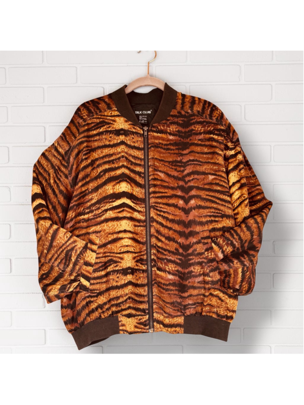 Silk Club Womens Small 100% Silk Tiger-Striped Animal Print Zip-Up Bomber Jacket